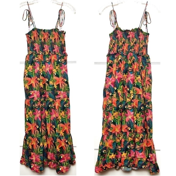FARM RIO Tropical Floral Square Neck Ruched‎ Sleeveless Ruffle Tier Midi Dress S - Picture 3 of 8